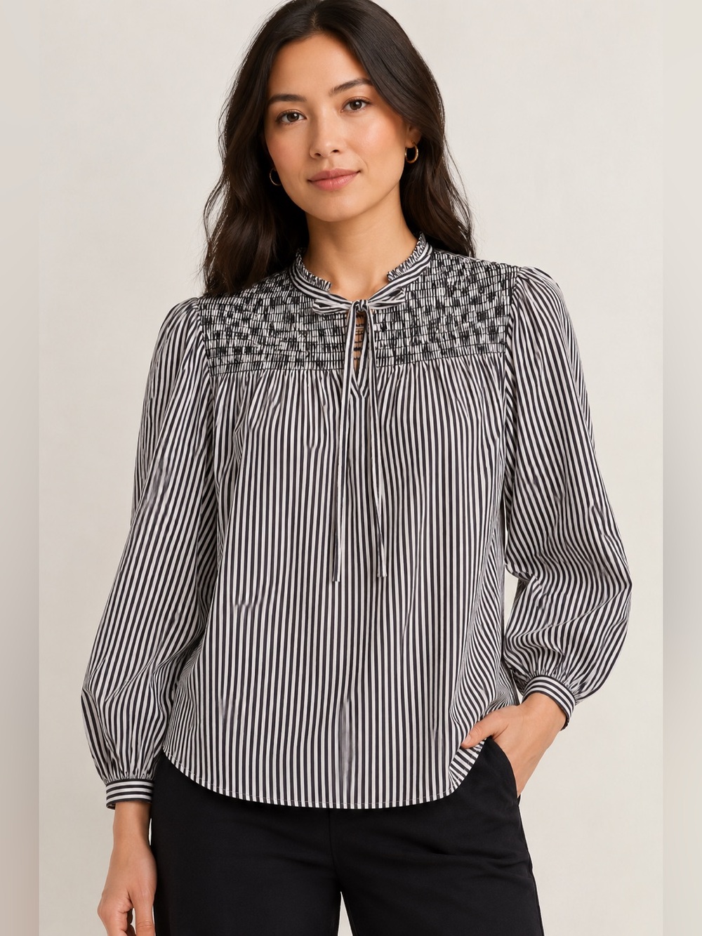 DEREK LAM 10 CROSBY - Austin Smocked Top Blouse in Stripes Black & White 0